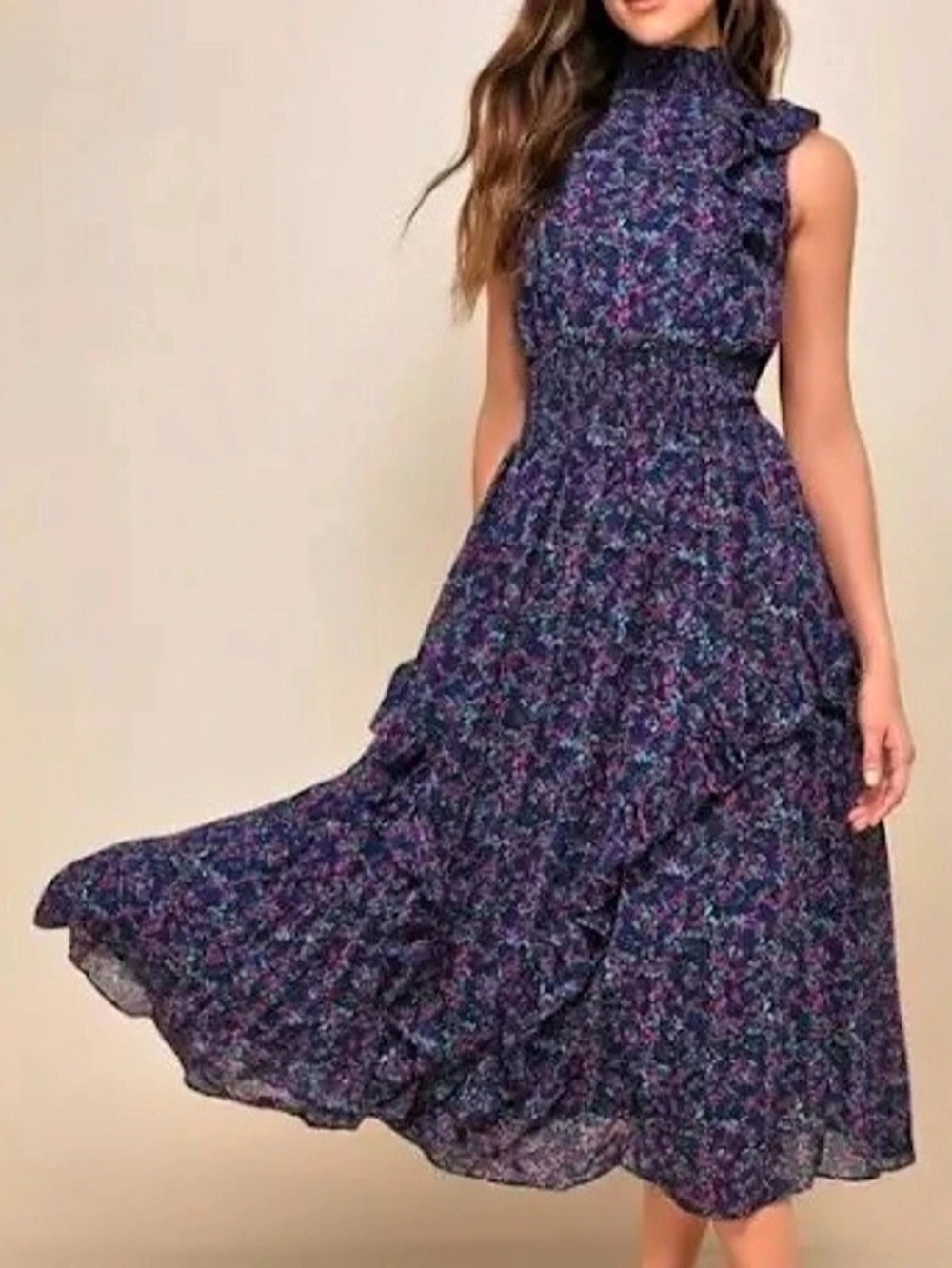 Jules Floral Ruffle Midi Dress in Blue & Pink Size Medium